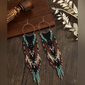 NWT Beautiful Handmade Bohemian Beaded Fringe Earrings (7” long)